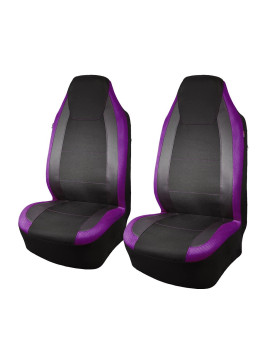 Flying Banner Car Seat Covers Quality Carbon Fiber Faux Leather Mesh Fabric Sport Low High Back Bucket Back Pocket Arm Rest Car Suv Truck Pick Up (2 Fronts - High Bucket, Purple)