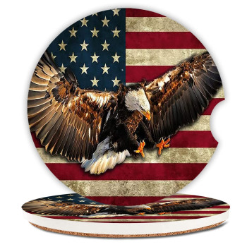 Absorbent Car Coasters 2 Pack For Womenmen,Retro Vintage American Flag Car Coaster For Drinks,Ceramic Stone Car Cup Holder With A Finger Notch,Eagle American Usa Flag