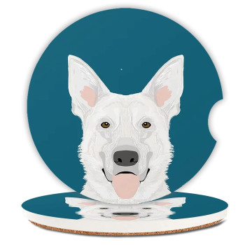 Absorbent Car Coasters 2 Pack For Womenmen,German Shepherd Car Coaster For Drinks,Ceramic Stone Car Cup Holder With A Finger Notch,White Cute Dog