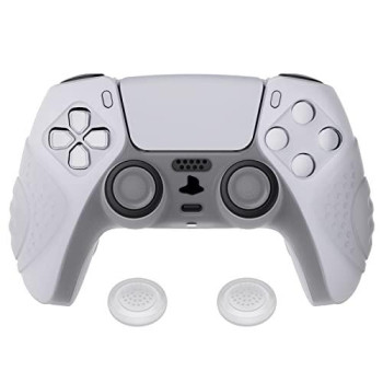 Extremerate Playvital Guardian Edition Clear White Ergonomic Soft Anti-Slip Controller Silicone Case Cover For Ps5, Rubber Protector Skins With Clear White Joystick Caps For Ps5 Controller