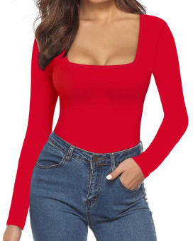 Mangopop Square Neck Short Sleeve Long Sleeve Bodysuits Tops For Women Leotard Shirts (Long Sleeve Red, X-Large)