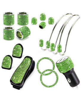 Tobequeen 15 Pack Green Bling Car Accessories Set For Women,Crystal Rhinestone Green Car Decor,Bling Head Rest Rings,Bling Car Charger,Hooks For Hanging,Tire Caps,Bling Car Coaster,Car Ring,Green