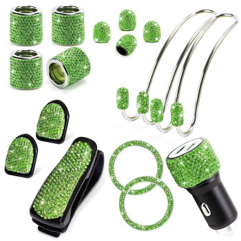 Tobequeen 15 Pack Green Bling Car Accessories Set For Women,Crystal Rhinestone Green Car Decor,Bling Head Rest Rings,Bling Car Charger,Hooks For Hanging,Tire Caps,Bling Car Coaster,Car Ring,Green