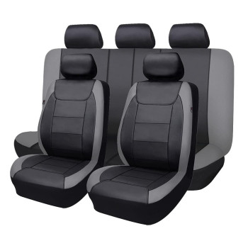 Flying Banner Car Seat Covers Protects Water Proof Faux Leather Carbon Fiber Front And Rear Bench (Gray Black, Full Set -- 9Pcs)