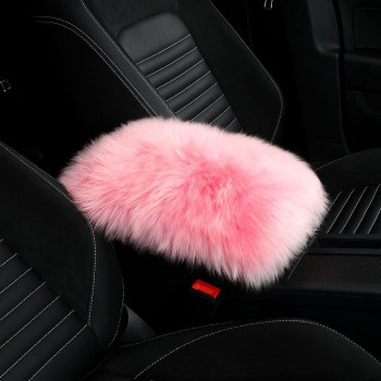 Llb Auto Center Console Cover Pad Universal Fit For Suvtruckcar, Genuine Sheepskin Wool Fur Car Armrest Seat Box Cover, Furry Fluffy Auto Armrest Cover Protector (Pink)