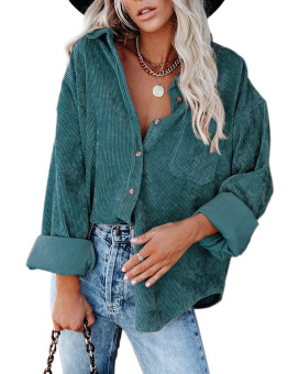 Chyrii Womens Plus Size Corduroy Shirts Casual Oversized Button Down Shacket Long Sleeve Blouses Tops With Pockets Green Xxl