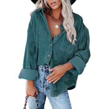 Chyrii Womens Plus Size Corduroy Shirts Casual Oversized Button Down Shacket Long Sleeve Blouses Tops With Pockets Green Xxl