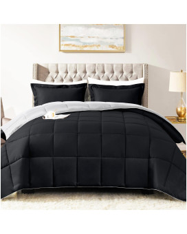 Satisomnia Lightweight Comforter Set King Black, All Season Down Alternative Bed Comforter Set With 2 Pillow Shams, 3 Pieces Comforters Set Ultra Soft Reversible, Black And Gray King Size