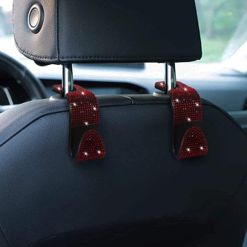 Guoord 2 Pcs Car Headrest Hooks Decorations, Bling Diamond Purse Hook Hangers, Auto Hooks Car Hangers And Durable Backseat Holder, Storage Universal For Suv Truck Vehicle (Red)