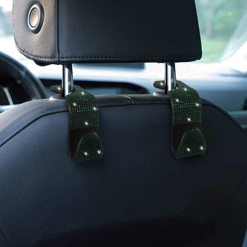 2 Pcs Car Headrest Hooks Decorations, Bling Diamond Purse Hook Hangers, Auto Hooks Car Hangers And Durable Backseat Holder, Storage Universal For Suv Truck Vehicle (Green)