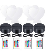 4 Pieces 3D Night Light Led Lamp Base With 4 Pieces Clear Acrylic Sheets 4 Pieces Remote Controls And 4 Pieces Charging Cables Adjustable 16 Colors 4 Modes For Child Room Bar (Heart Style)