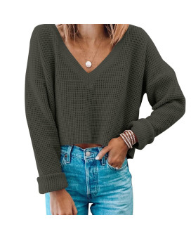 Jumppmile Womens V Neck Long Sleeve Tops Crop Waffle Knit Cropped Casual Loose Pullover Crop Sweater Army Green M