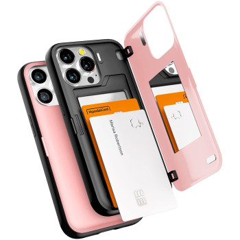 Goospery Magnetic Door Bumper Compatible With Iphone 13 Pro Case, Card Holder Wallet Case, Easy Magnet Auto Closing Protective Dual Layer Sturdy Phone Back Cover - Pink