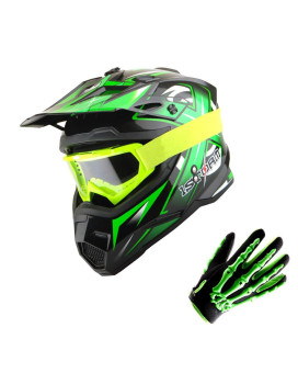 1Storm Motocross Adult Helmet Bmx Mx Atv Dirt Bike Helmet Racing Green Goggles Skeleton Green Glove Bundle