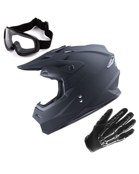 1Storm Motocross Adult Helmet Bmx Mx Atv Dirt Bike Helmet Matt Black Goggles Skeleton Black Glove Bundle