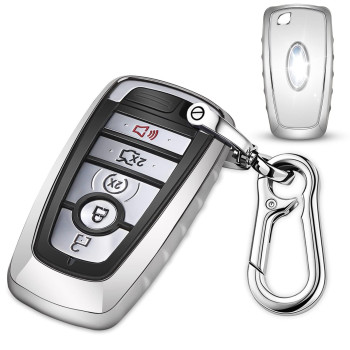 Qbuc For Ford Key Fob Cover,Tpu Car Key Case Protector With Keychain Compatible With 2017 2018 2019 Ford Fusion F150 F250 F350 F450 F550 Edge Explorer Escape Mustang 345 Buttons Smart Key(Silver)