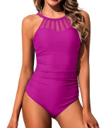 Holipick Purple Women High Neck One Piece Swimsuit Tummy Control Halter Slimming Bathing Suit Mesh Swimwear For Teen Girls Xxl(Us 18)