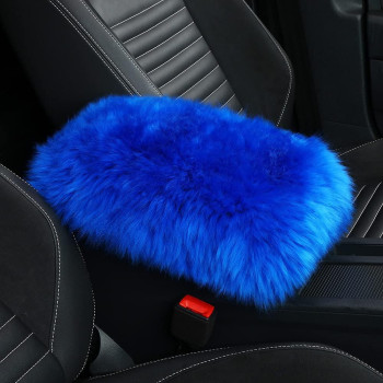 Llb Auto Center Console Cover Pad Universal Fit For Suvtruckcar, Genuine Sheepskin Wool Fur Car Armrest Seat Box Cover, Furry Fluffy Auto Armrest Cover Protector (Blue)