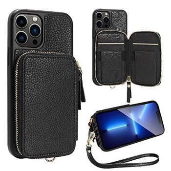 Zve Iphone 13 Pro Wallet Case With Rfid, Zipper Wallet Case With Card Holder Slot Wrist Strap Handbag Protective Leather Cover Gift For Women Compatible With Iphone 13 Pro 61 5G (2021)- Black