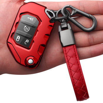 Autophone Compatible With Jeep Key Fob Cover With Leather Keychain Soft Tpu Protection Key Case For 2018 2019 2020 2021 Wrangler Jl Gladiator Remote Key-Red