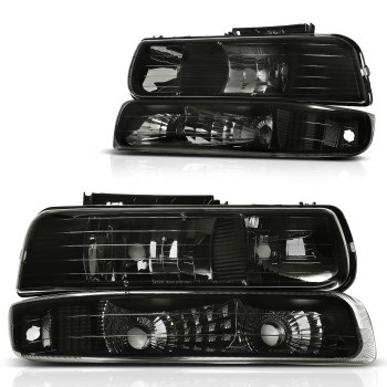 Dwvo Headlights Assembly With Bumper Lights Compatible With 1999-2002 Chevy Silverado2000-2006 Tahoe Suburban Headlamp Smoke Lens Black Housing Clear Reflector