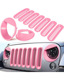 E-Cowlboy Front Grille Mesh Inserts Headlight Cover For 2007-2017 Jeep Wrangler Jk Jku Unlimited Sport Rubicon Sahara Clip-In Grille Cover Guard Angry Bird Headlight Bezels Trim (Matte Pink)