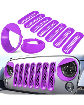 E-Cowlboy Front Grille Mesh Inserts Headlight Cover For 2007-2017 Jeep Wrangler Jk Jku Unlimited Sport Rubicon Sahara Clip-In Grille Cover Guard Angry Bird Headlight Bezels Trim (Matte Purple)