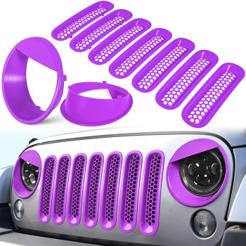 E-Cowlboy Front Grille Mesh Inserts Headlight Cover For 2007-2017 Jeep Wrangler Jk Jku Unlimited Sport Rubicon Sahara Clip-In Grille Cover Guard Angry Bird Headlight Bezels Trim (Matte Purple)