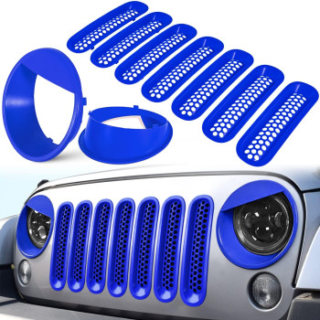 E-Cowlboy Front Grille Mesh Inserts Headlight Cover For 2007-2017 Jeep Wrangler Jk Jku Unlimited Sport Rubicon Sahara Clip-In Grille Cover Guard Angry Bird Headlight Bezels Trim (Matte Blue)