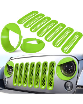 E-Cowlboy Front Grille Mesh Inserts Headlight Cover For 2007-2017 Jeep Wrangler Jk Jku Unlimited Sport Rubicon Sahara Clip-In Grille Cover Guard Angry Bird Headlight Bezels Trim (Matte Green)