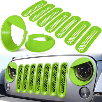 E-Cowlboy Front Grille Mesh Inserts Headlight Cover For 2007-2017 Jeep Wrangler Jk Jku Unlimited Sport Rubicon Sahara Clip-In Grille Cover Guard Angry Bird Headlight Bezels Trim (Matte Green)