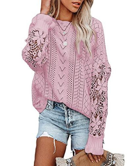 Dokotoo Womens Winter Crewneck Fall Sweaters Lace Crochet Long Sleeve Solid Hollow Out Autumn Plain Casual Loose Oversized Cable Knit Sweater Pullover Sweaters Jumper Tops Pink S