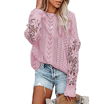 Dokotoo Womens Winter Crewneck Fall Sweaters Lace Crochet Long Sleeve Solid Hollow Out Autumn Plain Casual Loose Oversized Cable Knit Sweater Pullover Sweaters Jumper Tops Pink S