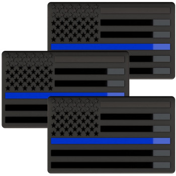 Embossed 3D Metal Thin Blue Line All Black American Flag Emblem Decal Stickers (3 Pack), Matte Black 5 X 3 Patriotic Usa Us Flag Decals For Car, Truck, Motorcycle Honoring Police Law Enforcement