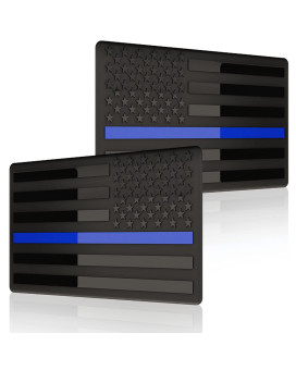 Embossed 3D Metal Thin Blue Line All Black American Flag Emblem Decal Stickers (1 Pair), Matte Black 5 X 3 Patriotic Usa Us Flag Decals For Car, Truck, Motorcycle Honoring Police Law Enforcement