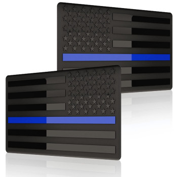 Embossed 3D Metal Thin Blue Line All Black American Flag Emblem Decal Stickers (1 Pair), Matte Black 5 X 3 Patriotic Usa Us Flag Decals For Car, Truck, Motorcycle Honoring Police Law Enforcement