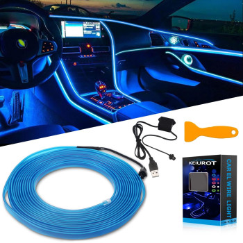 Keiurot El Wire Lights Usb Neon Wire Blue 5M16Ft For Car Ambient Lighting Atmosphere Car Led Interior Strip Light Sewing Edge Decoration