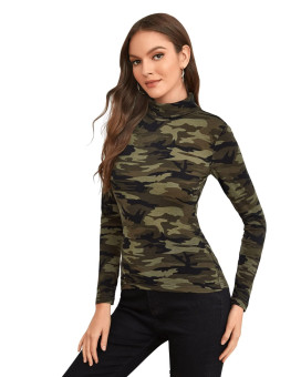 Sweatyrocks Womens Long Sleeve Turtleneck Ribbed Knit Pullover Sweater Top Camo Green M