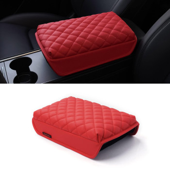 Kmmotors Model Y, Model 3 Center Console Cover Quilting Red, Armrest Cushion, Console Protector, Vegan Leather, Tesl* Accessories,