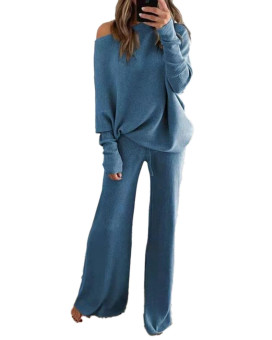 Womens Two Pc Knit Tracksuits Cold Shoulder Sweater Jumper Matching Wide Leg Long Pants Casual Tracksuit Set Blue Xl