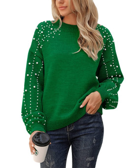 Blooming Jelly Womens Chunky Sweater Crewneck Sweatshirt Knit Lantern Sleeve Oversized Pullover Sweater With Pearls (Xlarge, Green)