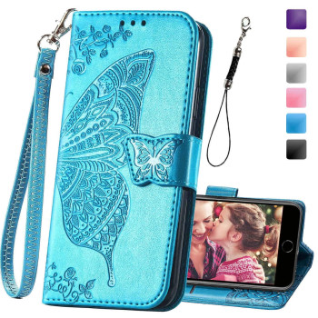 Wallet Case For Iphone Se 2020Se 2022Iphone 8Iphone 7,Women Butterfly Embossed Pu Leather Stand Credit Card Holder Slots Wrist Strap Flip Folio Cover For Iphone 66S78Se 2Ndse 3Rd Gen (Blue)