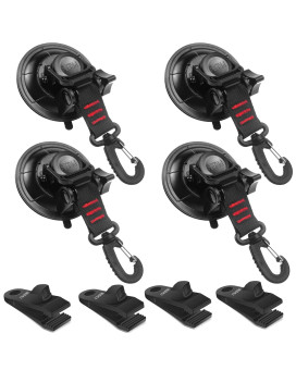 Vashly Heavy Duty Suction Cup Anchor 4Pcs Strong Suction Cups With Hooks And 4Pcs Tarp Clips Deavy Duty Lock Grip For Tie Down Car Awning Boat Camping Trap