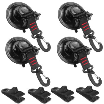 Vashly Heavy Duty Suction Cup Anchor 4Pcs Strong Suction Cups With Hooks And 4Pcs Tarp Clips Deavy Duty Lock Grip For Tie Down Car Awning Boat Camping Trap