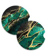 Nipichsha Car Coasters For Cup Holders, 2 Pack Absorbent Ceramic Car Cup Holder Coaster For Drinks, Cute Car Assecories For Women Men, Universal Size 256 With Finger Notch Cork Base, Green Marble