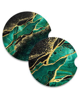 Nipichsha Car Coasters For Cup Holders, 2 Pack Absorbent Ceramic Car Cup Holder Coaster For Drinks, Cute Car Assecories For Women Men, Universal Size 256 With Finger Notch Cork Base, Green Marble