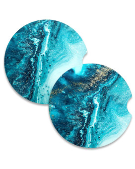 Nipichsha Car Coasters For Cup Holders, 2 Pack Absorbent Ceramic Car Cup Holder Coaster For Drinks, Cute Car Assecories For Women Men, Universal Size 256 With Finger Notch & Cork Base, Blue Marble