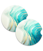 Nipichsha Car Coasters For Cup Holders, 2 Pack Absorbent Ceramic Car Cup Holder Coaster For Drinks, Cute Car Assecories For Women Men, Size 256 With Finger Notch & Cork Base, Teal Marble