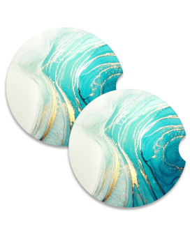 Nipichsha Car Coasters For Cup Holders, 2 Pack Absorbent Ceramic Car Cup Holder Coaster For Drinks, Cute Car Assecories For Women Men, Size 256 With Finger Notch & Cork Base, Teal Marble