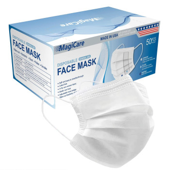 Magicare Made In Usa Masks - White Face Masks Disposable - Premium 3 Ply Face Mask For Adults - Comfortable, Soft, Breathable - White Face Masks Disposable Made In Usa - 50Ct Box